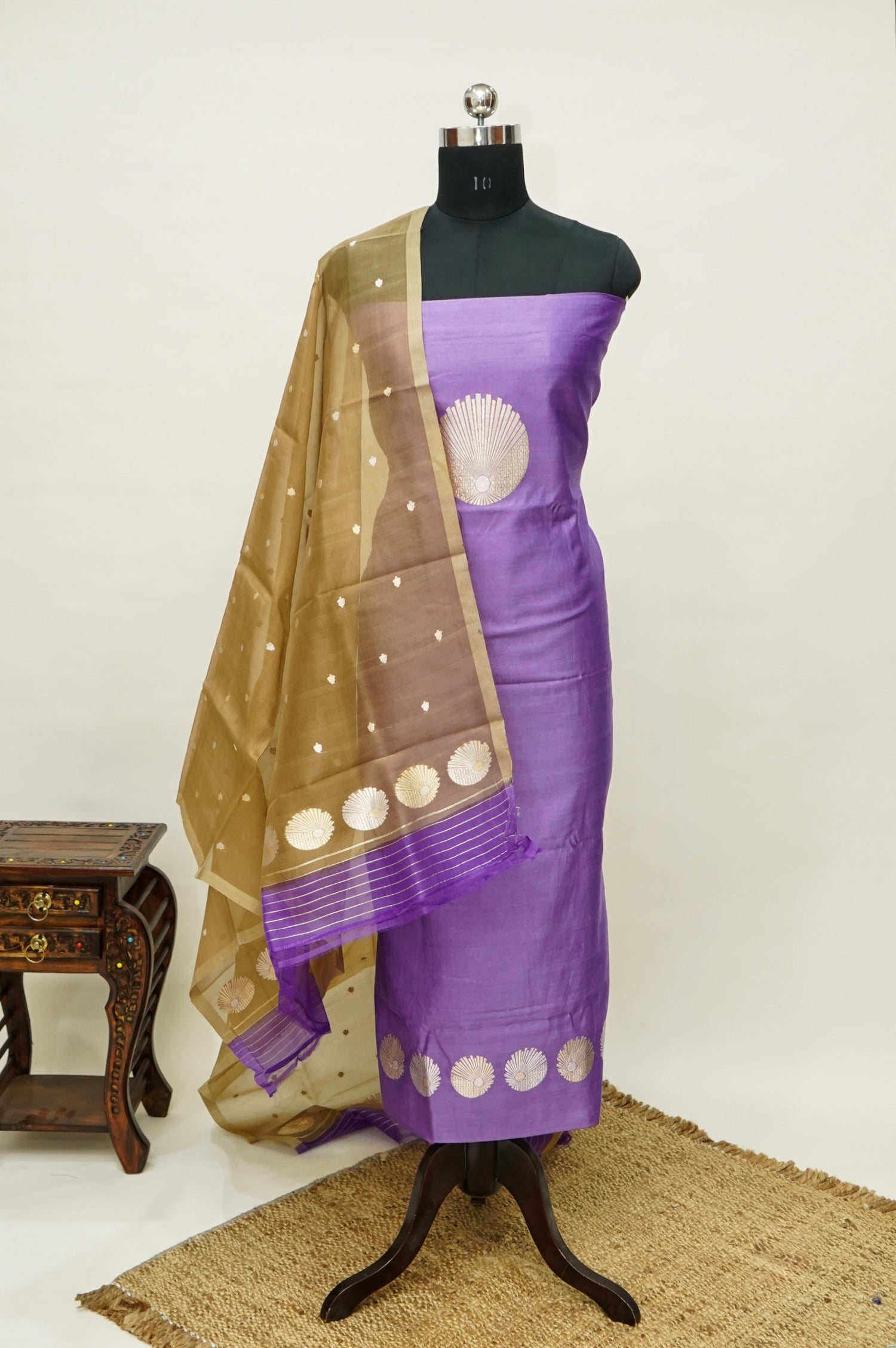 Purple Handwoven Banarasi Pure Katan Silk Meenakari Suit with Golden Dupatta