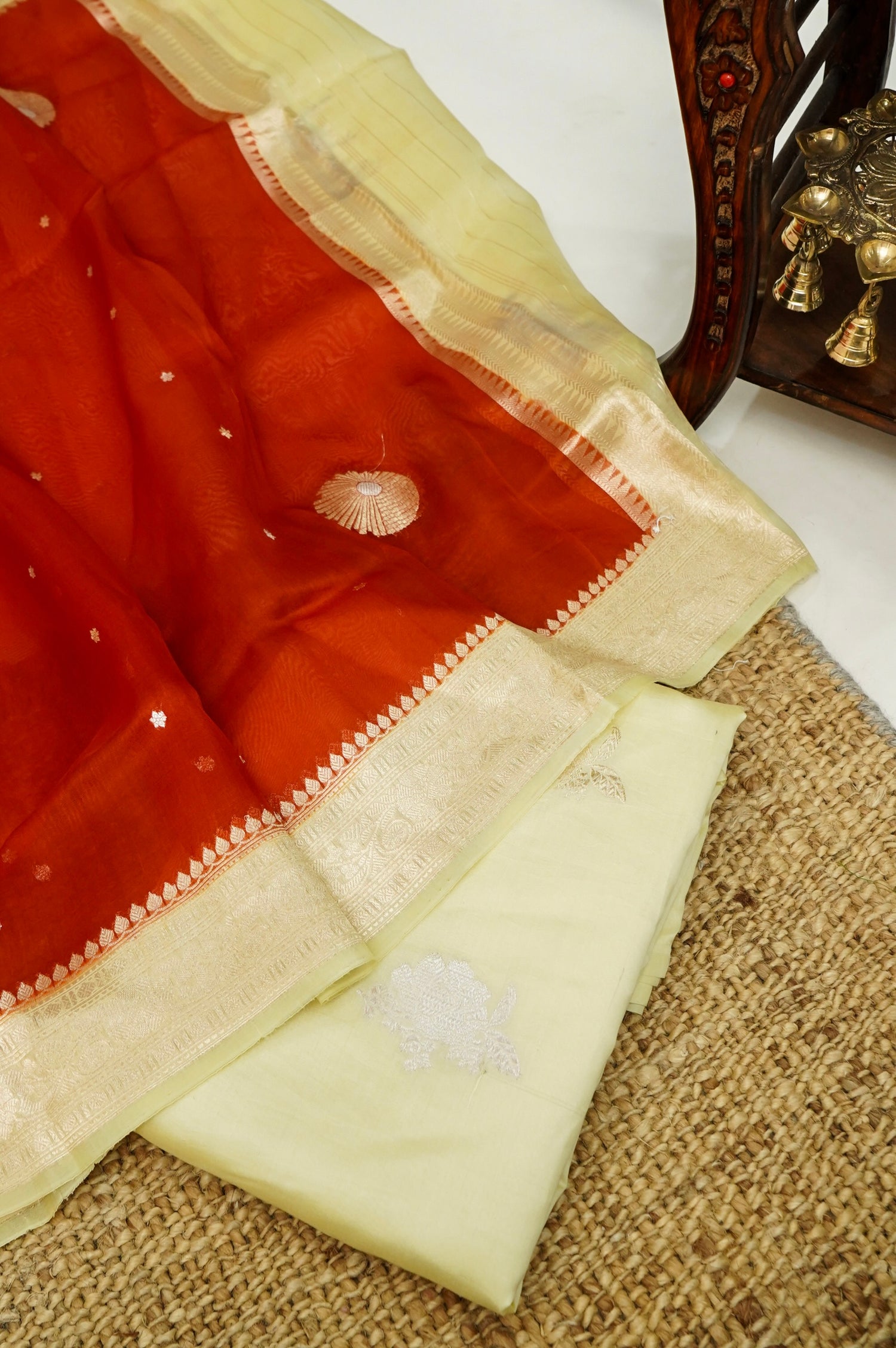 Pastel Yellow Handwoven Banarasi Pure Katan Silk Suit with Rust Orange dupatta