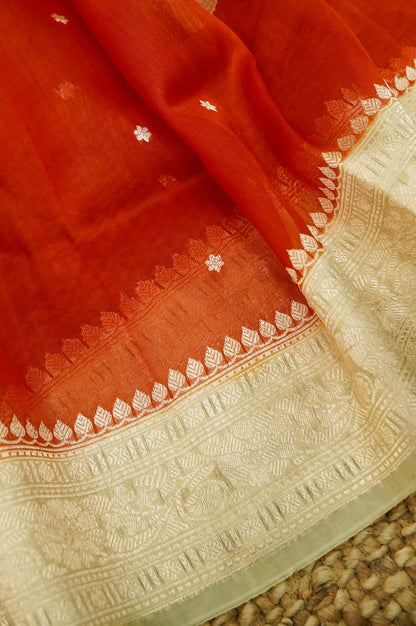 Pastel Yellow Handwoven Banarasi Pure Katan Silk Suit with Rust Orange dupatta