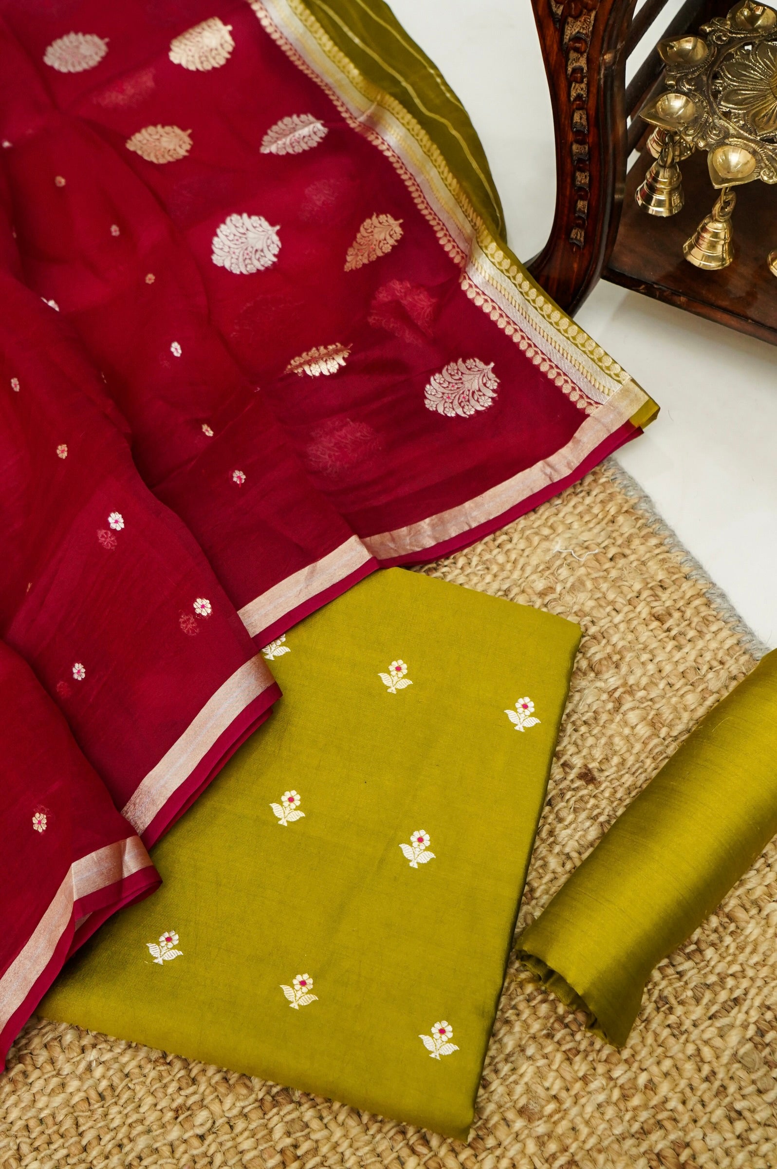 Mustard Yellow Handwoven Banarasi Pure Katan Silk Meenakari Suit with Rani Pink Dupatta