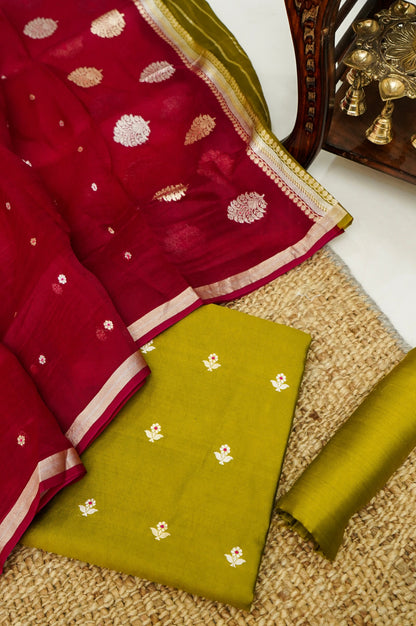 Mustard Yellow Handwoven Banarasi Pure Katan Silk Meenakari Suit with Rani Pink Dupatta