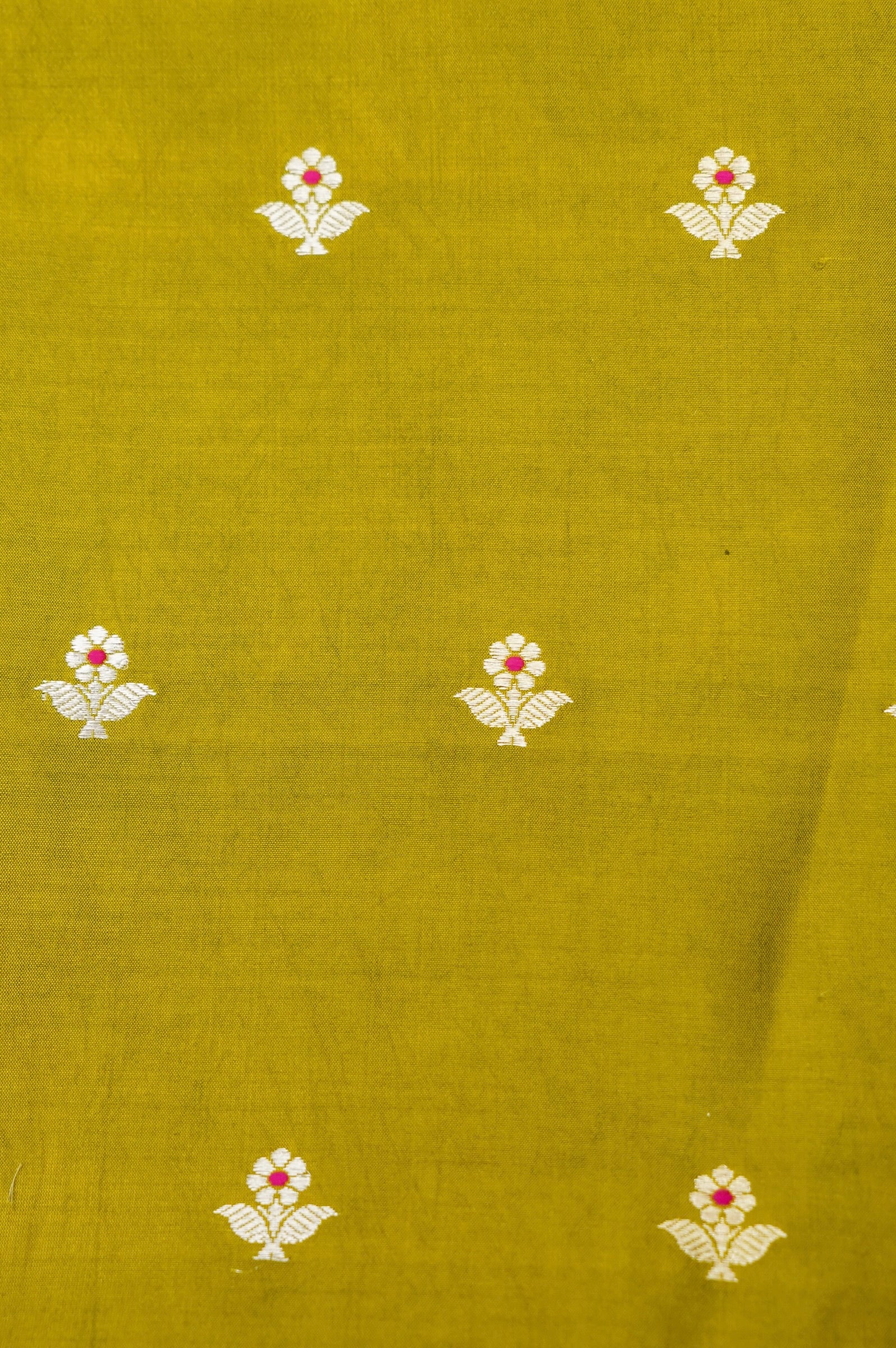 Mustard Yellow Handwoven Banarasi Pure Katan Silk Meenakari Suit with Rani Pink Dupatta