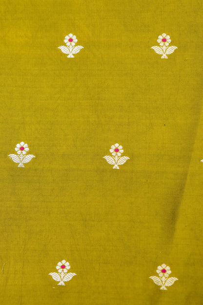 Mustard Yellow Handwoven Banarasi Pure Katan Silk Meenakari Suit with Rani Pink Dupatta