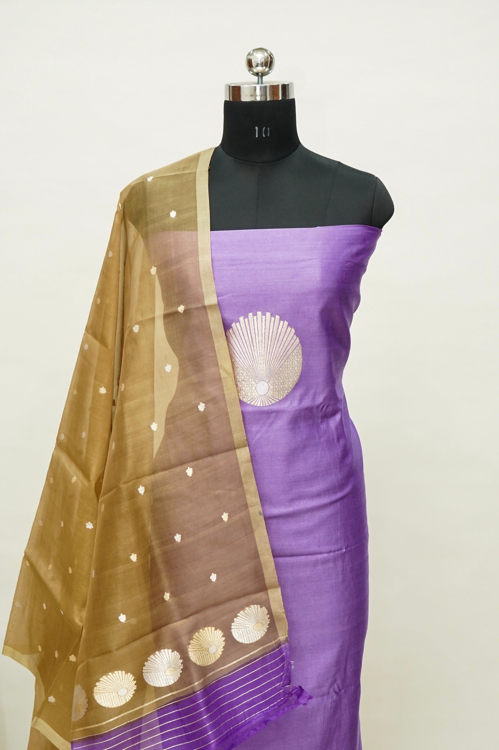 Purple Handwoven Banarasi Pure Katan Silk Meenakari Suit with Golden Dupatta