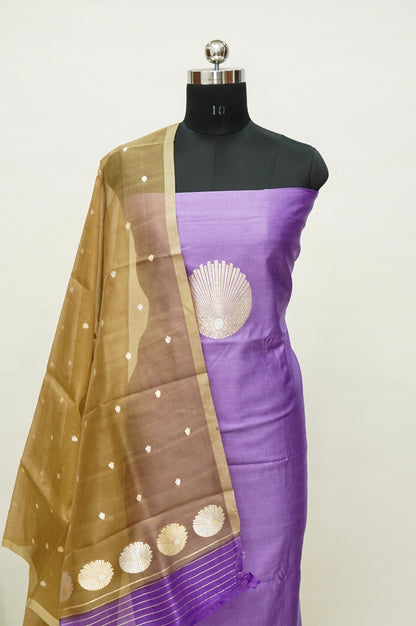 Purple Handwoven Banarasi Pure Katan Silk Meenakari Suit with Golden Dupatta