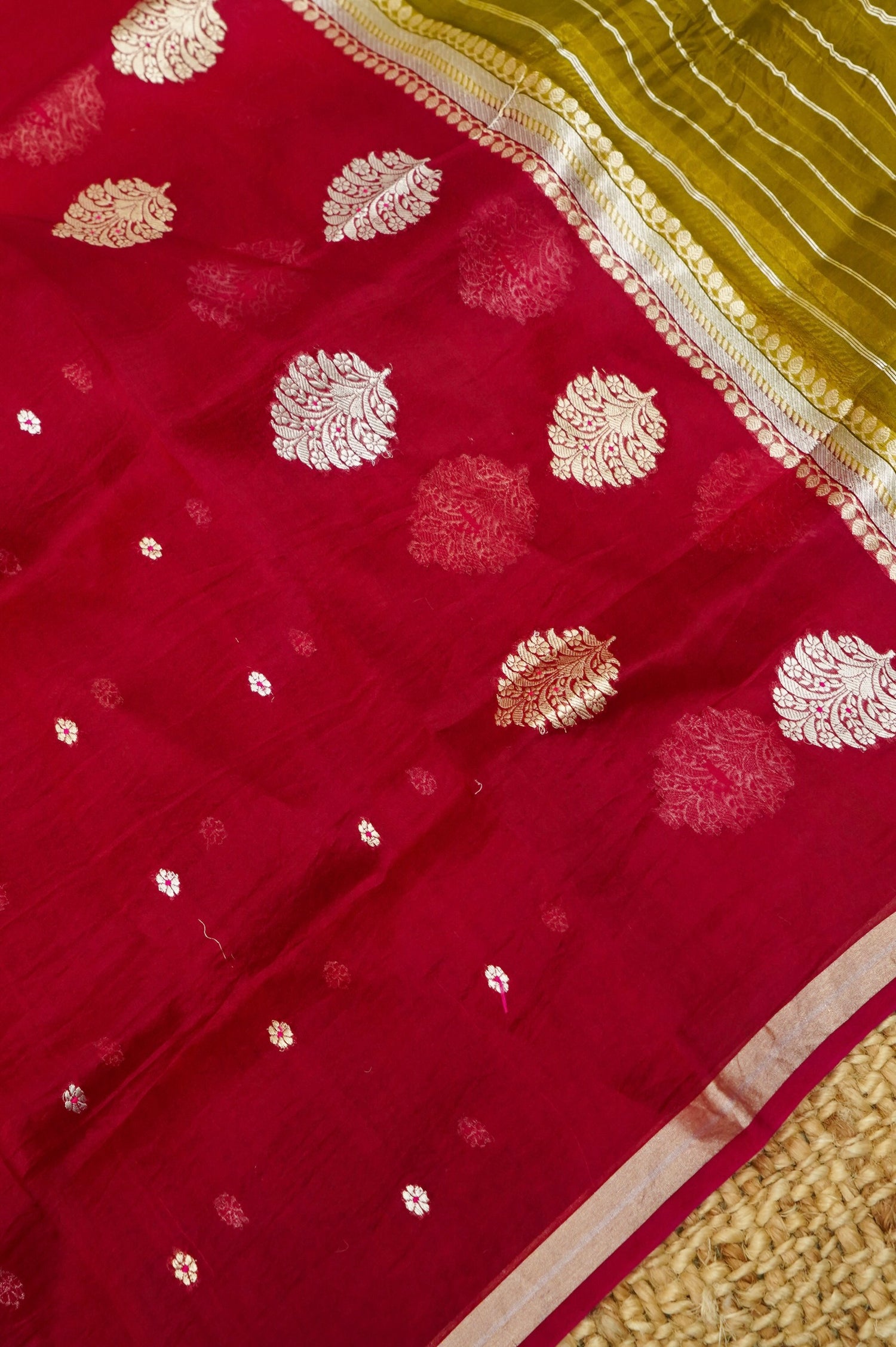 Mustard Yellow Handwoven Banarasi Pure Katan Silk Meenakari Suit with Rani Pink Dupatta