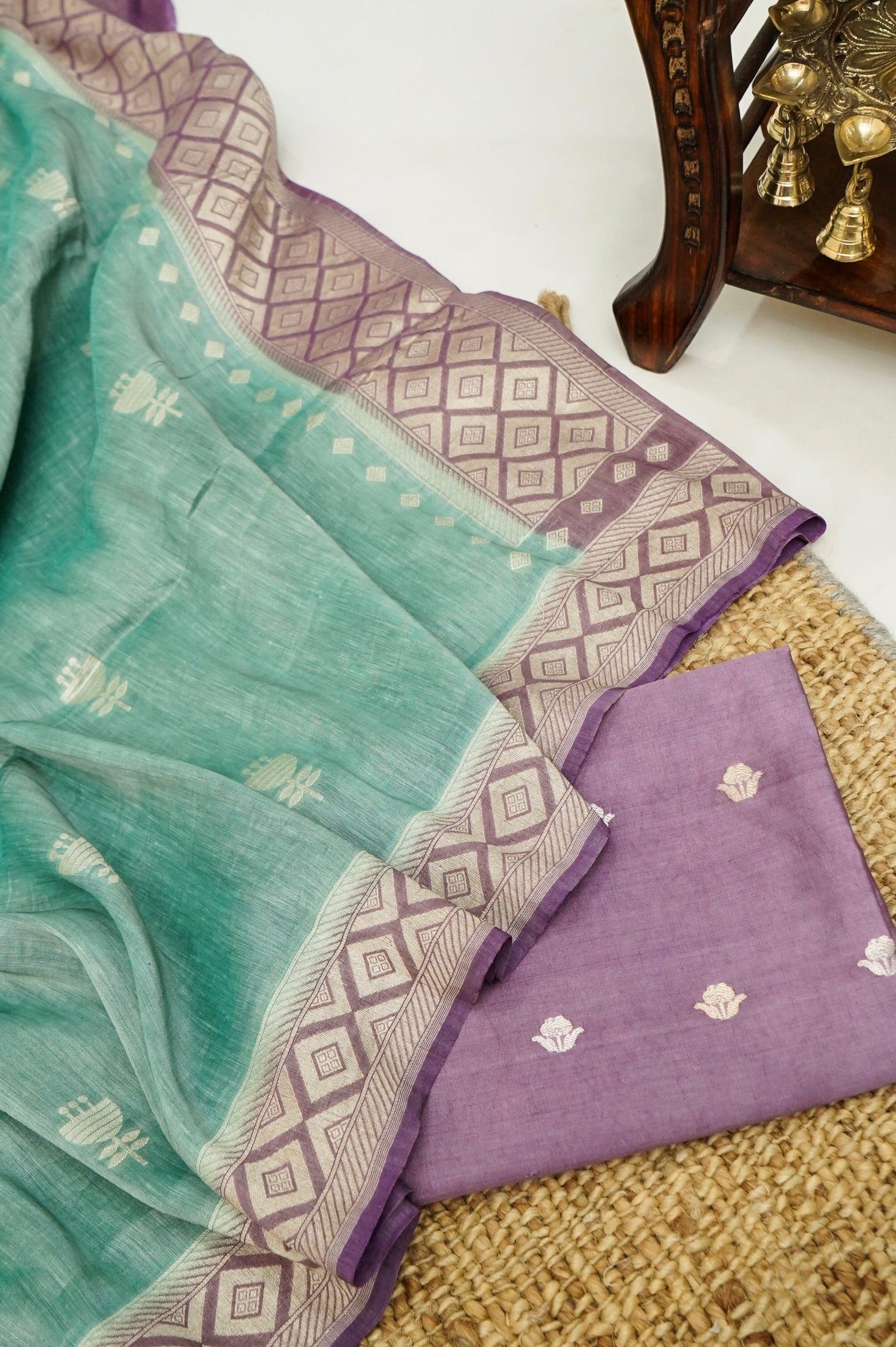 Mauve Purple Handwoven Banarasi Pure Katan Silk Suit with Aqua Green dupatta