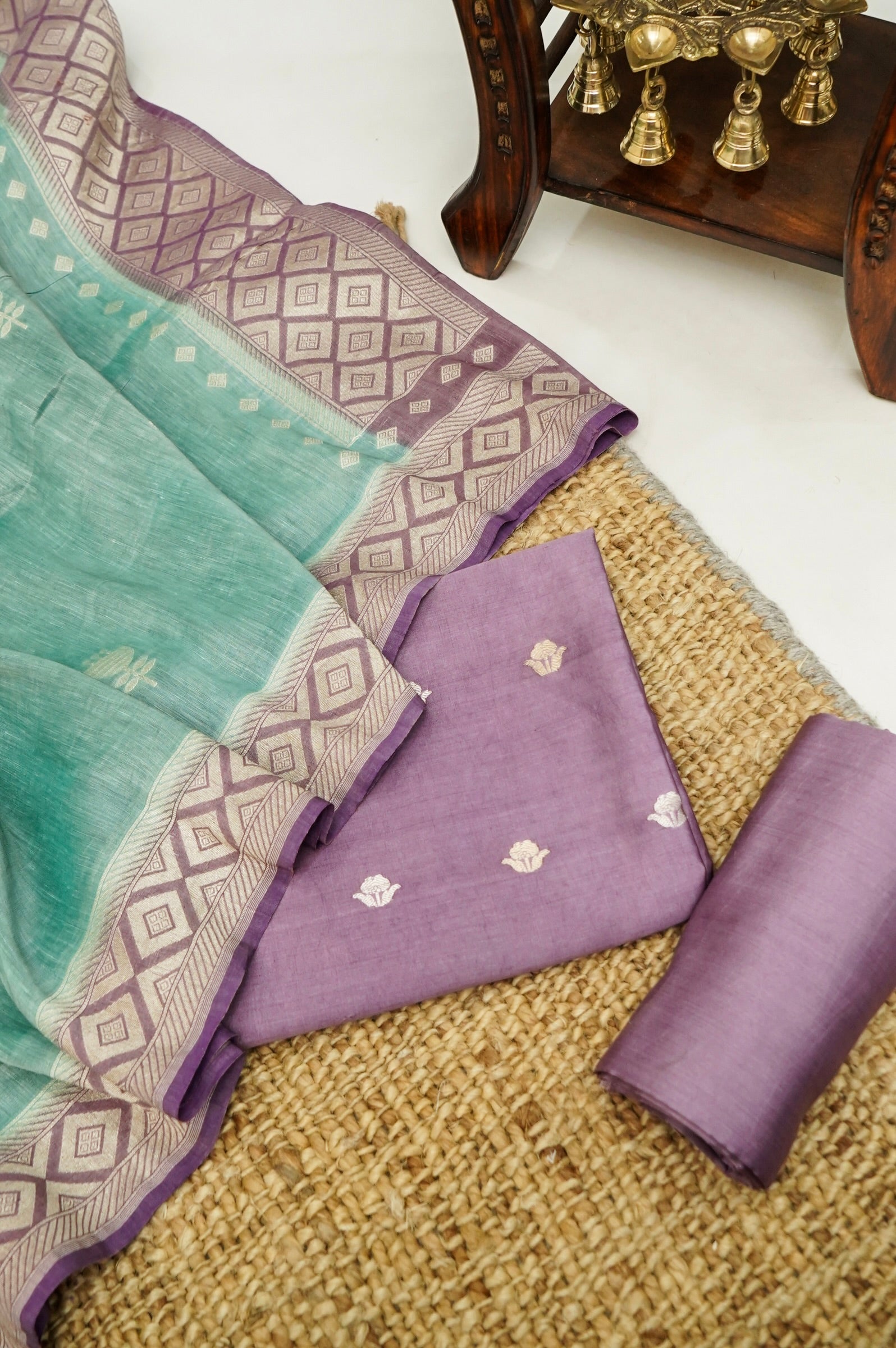 Mauve Purple Handwoven Banarasi Pure Katan Silk Suit with Aqua Green dupatta
