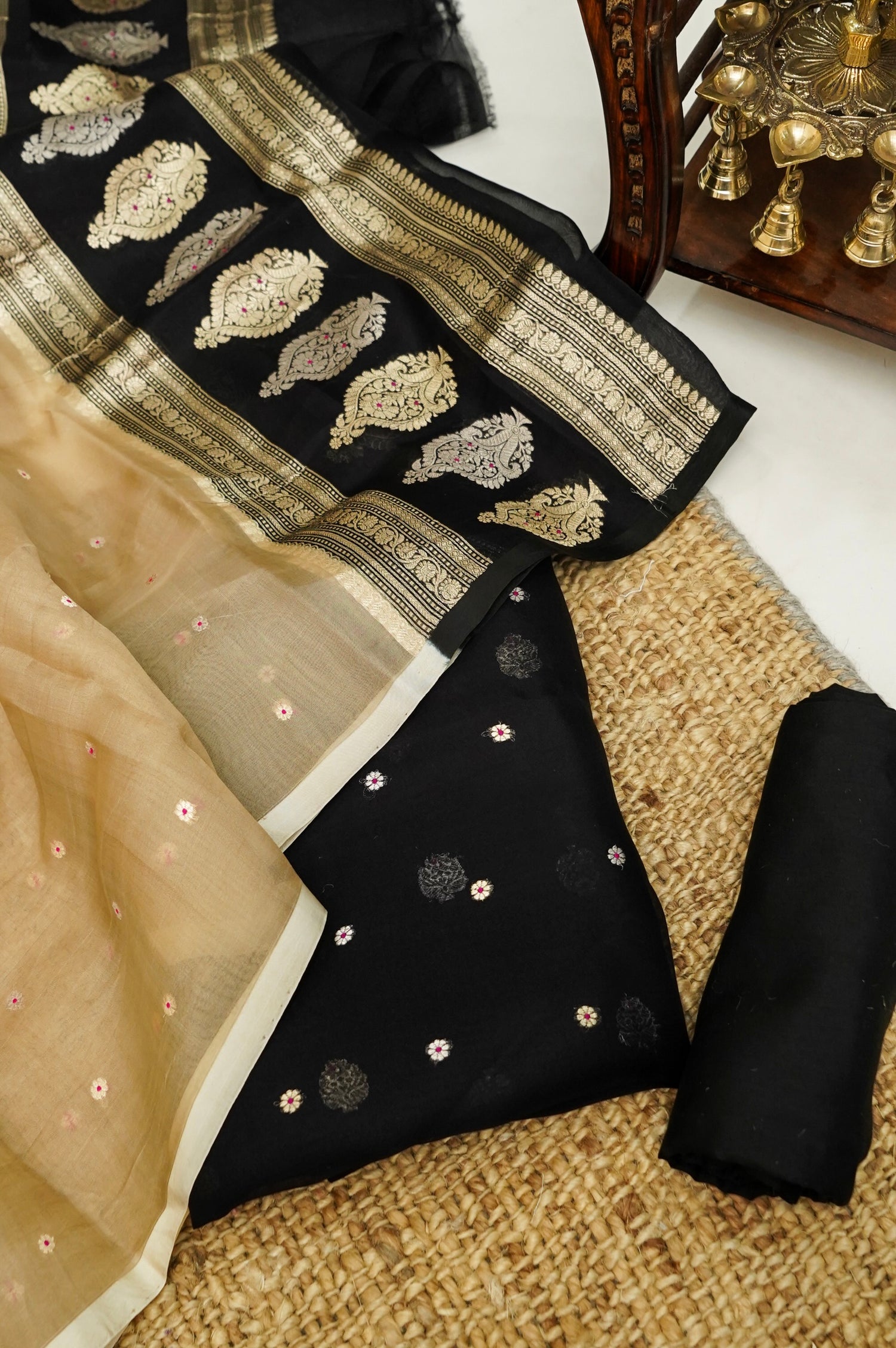 Black Handwoven Organza Suit with Beige Dupatta