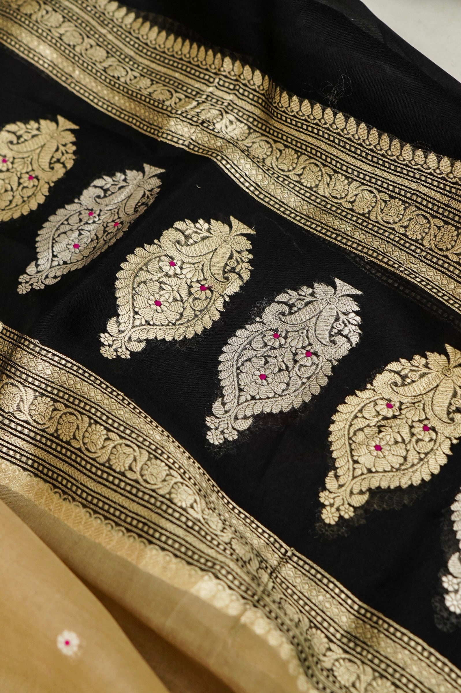 Black Handwoven Organza Suit with Beige Dupatta