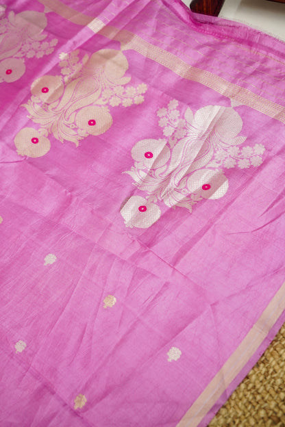 Rani Pink Handwoven Banarasi Pure Katan Silk Designer Suit with dual-tone Pink and Orange Dupatta