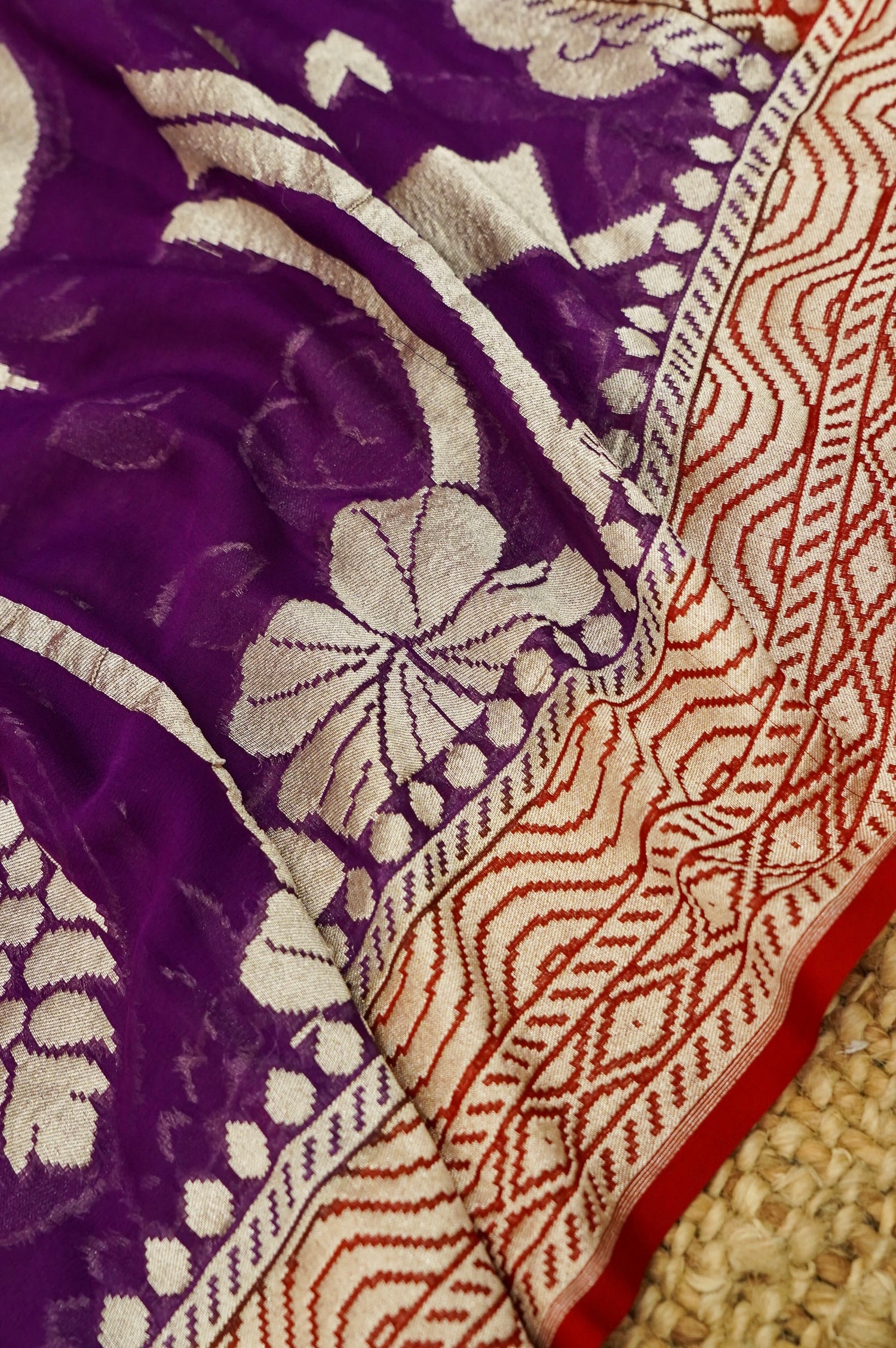 Red Handwoven Banarasi Pure Katan Silk Suit with Purple Dupatta