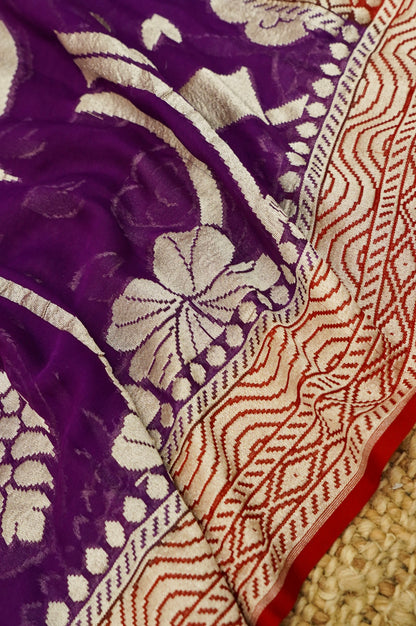 Red Handwoven Banarasi Pure Katan Silk Suit with Purple Dupatta