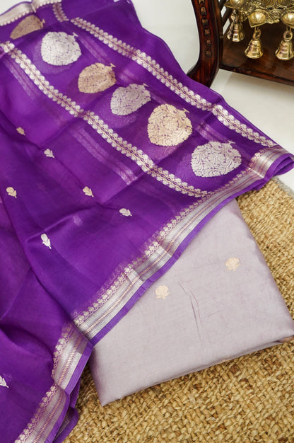Soft pastel Handwoven Banarasi Pure Katan Silk Meenakari Suit with Purple Dupatta