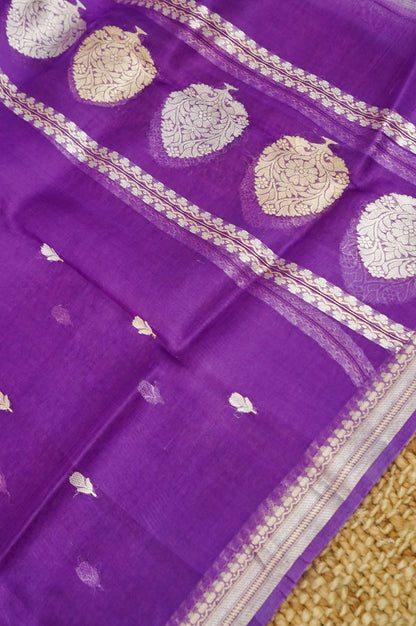 Soft pastel Handwoven Banarasi Pure Katan Silk Meenakari Suit with Purple Dupatta