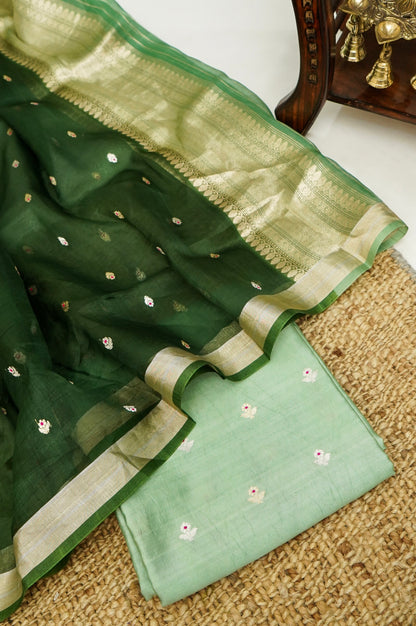 Mint green Handwoven Banarasi Pure Katan Silk Meenakari Suit with Dark green Dupatta