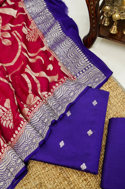 Purple Handwoven Banarasi Pure Katan Silk Suit with Red Dupatta