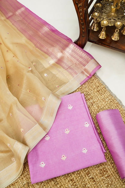 Pink Handwoven Banarasi Pure Katan Silk Meenakari Suit with Beige Dupatta