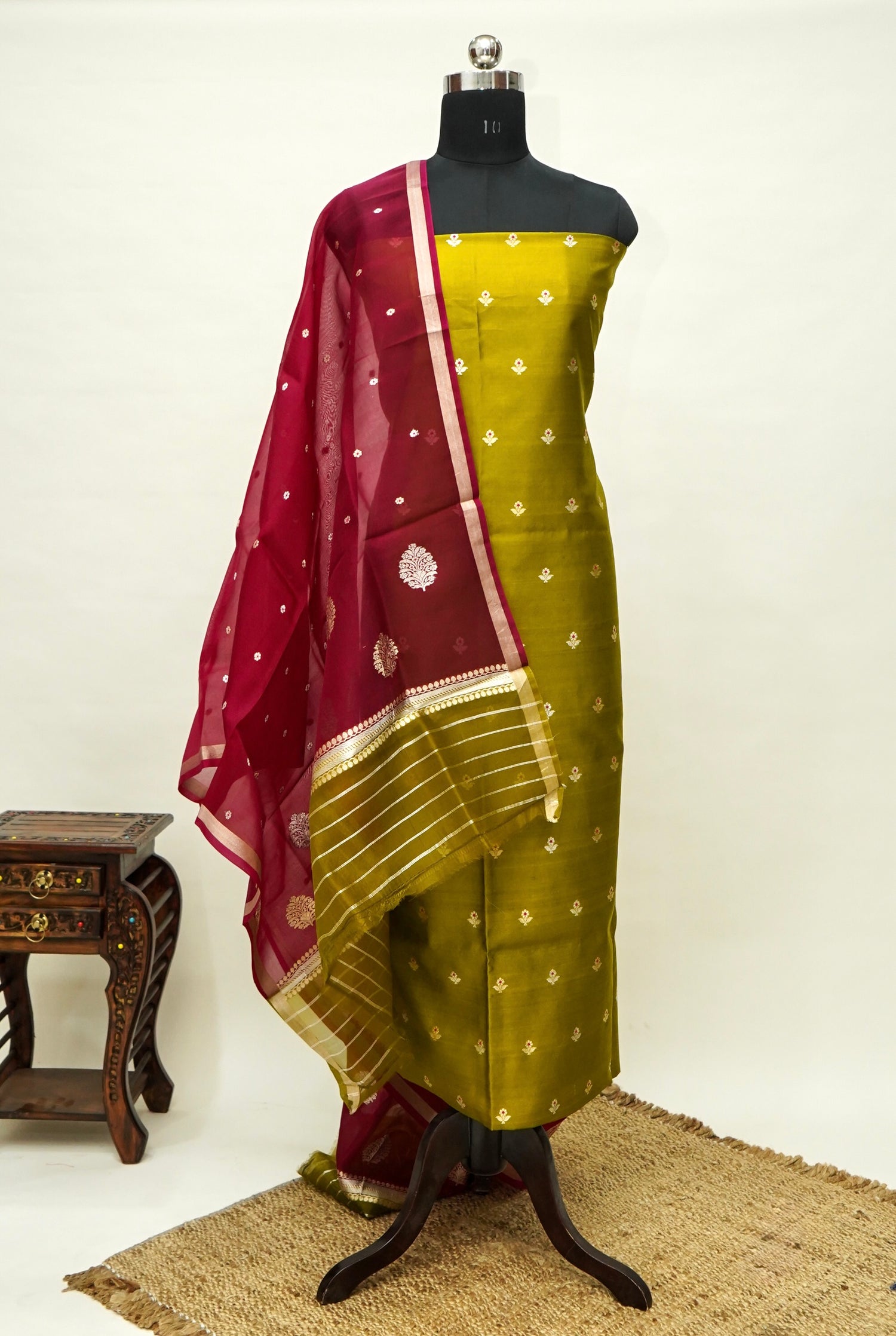 Mustard Yellow Handwoven Banarasi Pure Katan Silk Meenakari Suit with Rani Pink Dupatta
