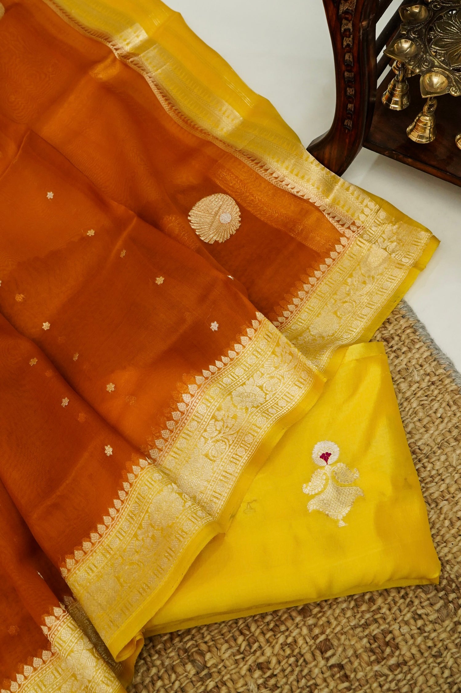 Yellow Handwoven Banarasi Pure Katan Silk Designer Suit with Orange Dupatta