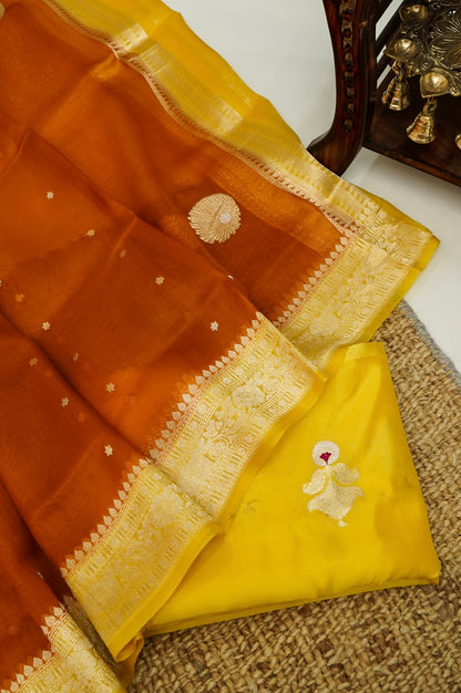 Yellow Handwoven Banarasi Pure Katan Silk Designer Suit with Orange Dupatta