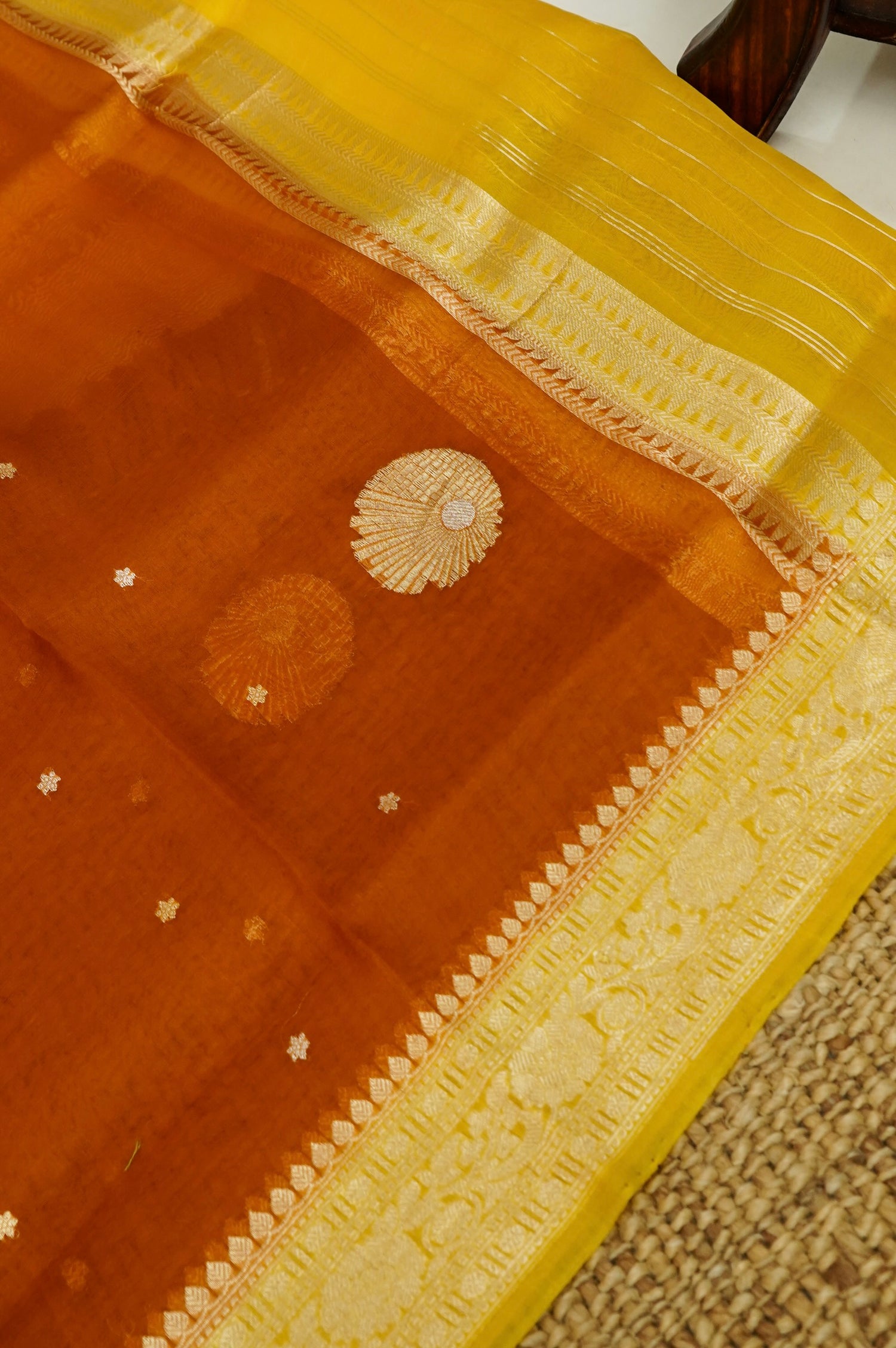 Yellow Handwoven Banarasi Pure Katan Silk Designer Suit with Orange Dupatta