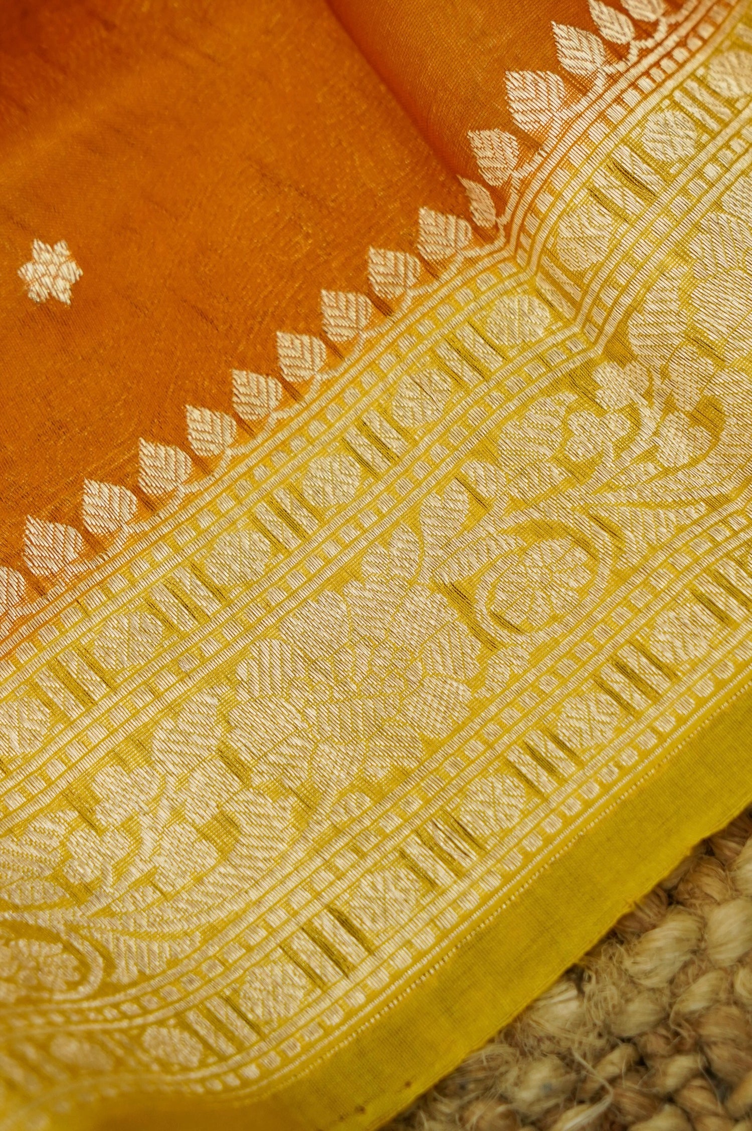 Yellow Handwoven Banarasi Pure Katan Silk Designer Suit with Orange Dupatta