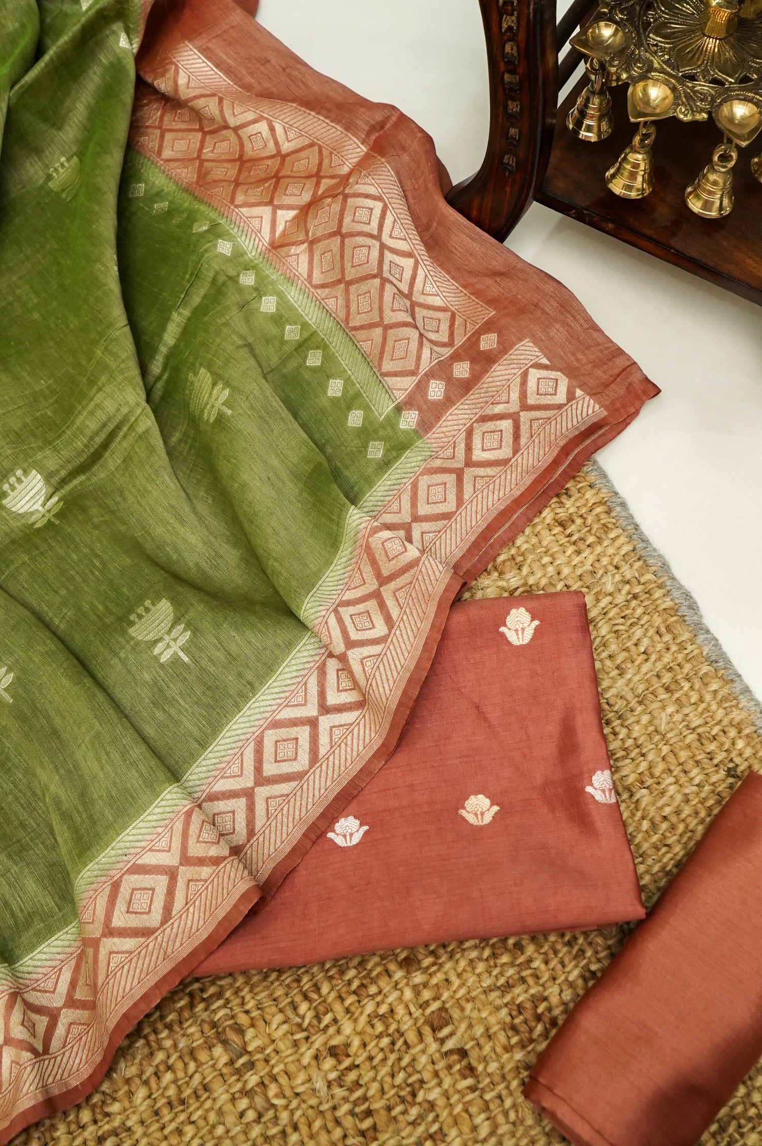 Rust Handwoven Banarasi Pure Katan Silk Suit with Green dupatta