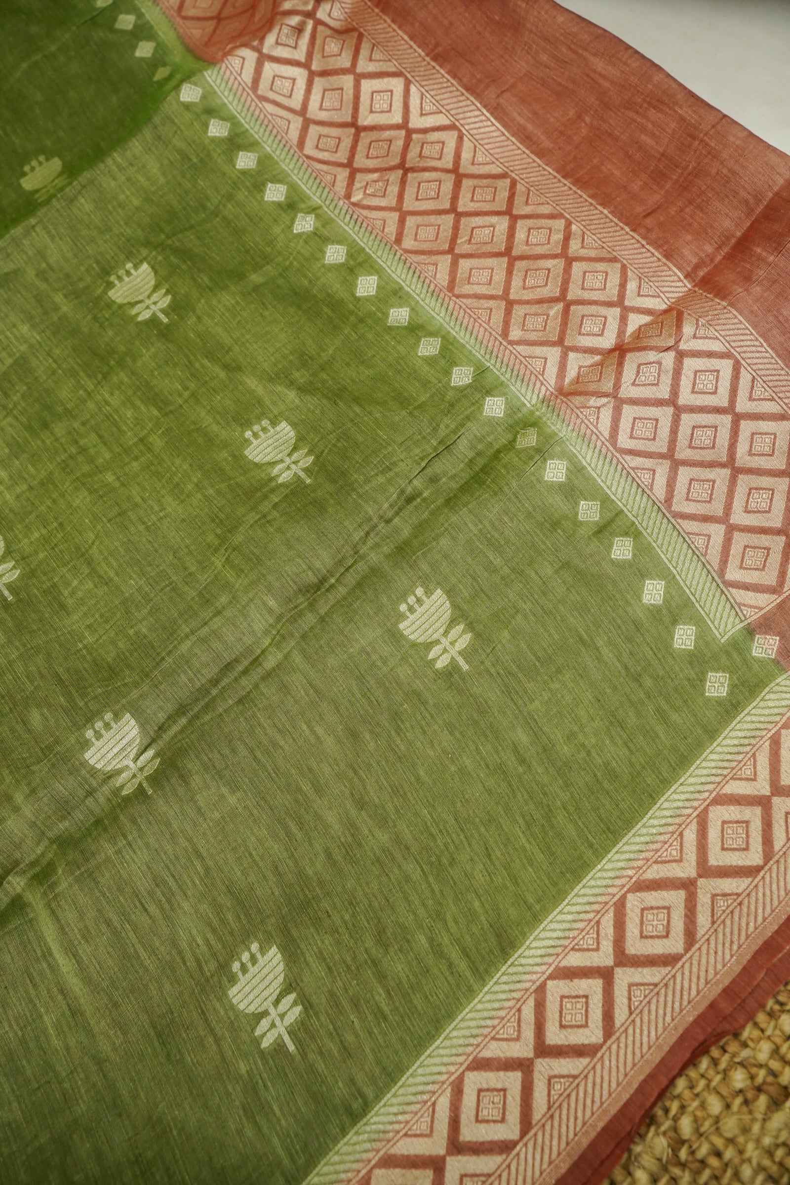 Rust Handwoven Banarasi Pure Katan Silk Suit with Green dupatta