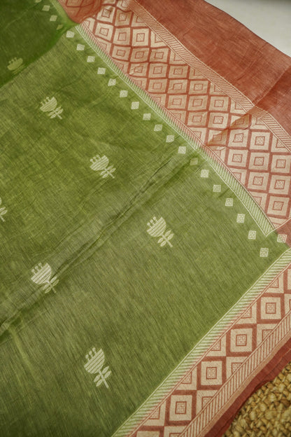 Rust Handwoven Banarasi Pure Katan Silk Suit with Green dupatta