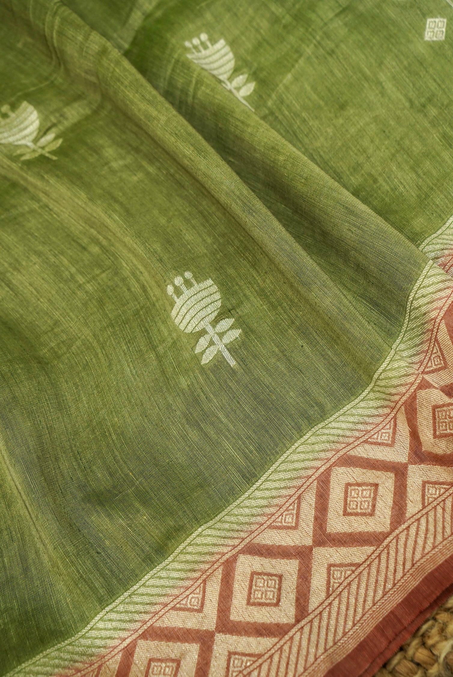 Rust Handwoven Banarasi Pure Katan Silk Suit with Green dupatta