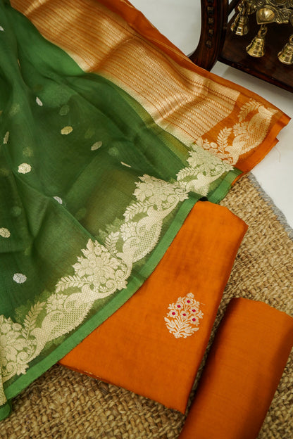 Orange Handwoven Banarasi Pure Katan Silk Suit with Green Dupatta