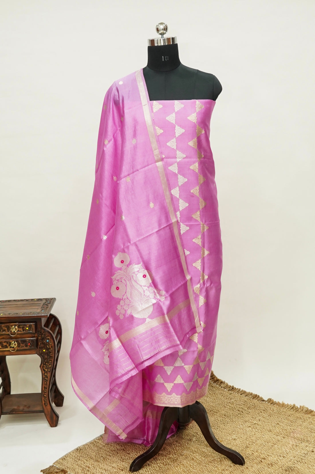 Rani Pink Handwoven Banarasi Pure Katan Silk Designer Suit with dual-tone Pink and Orange Dupatta