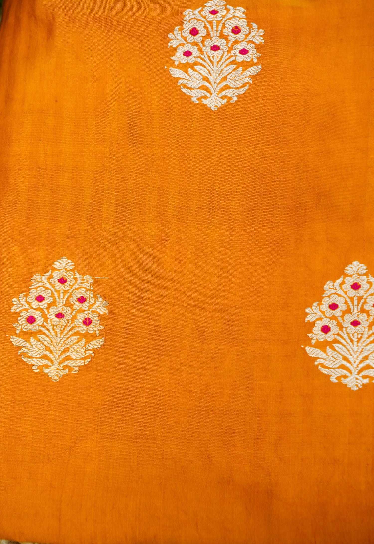 Orange Handwoven Banarasi Pure Katan Silk Suit with Green Dupatta