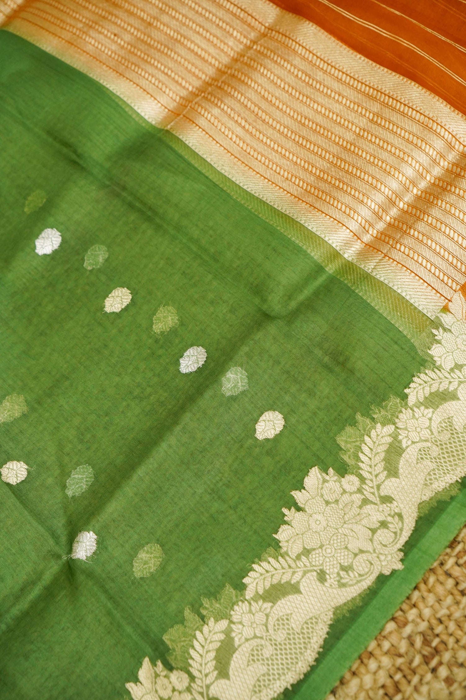 Orange Handwoven Banarasi Pure Katan Silk Suit with Green Dupatta