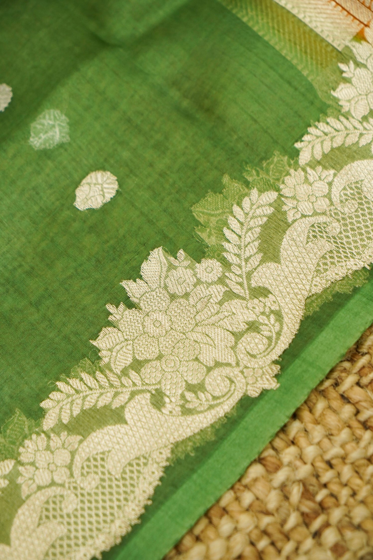 Orange Handwoven Banarasi Pure Katan Silk Suit with Green Dupatta