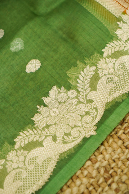 Orange Handwoven Banarasi Pure Katan Silk Suit with Green Dupatta