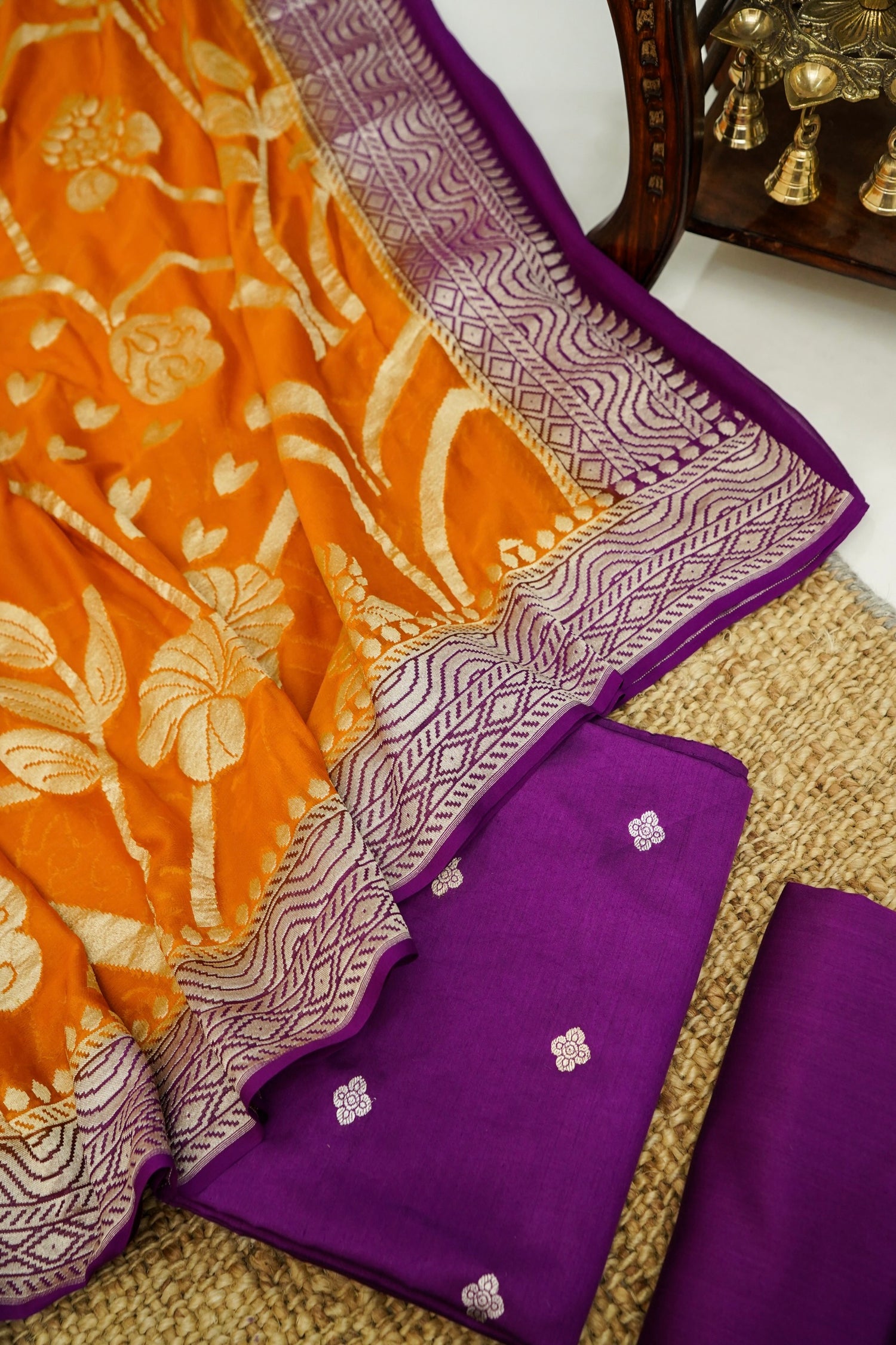 Purple Handwoven Banarasi Pure Katan Silk Suit with Orange Dupatta