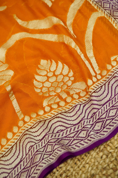 Purple Handwoven Banarasi Pure Katan Silk Suit with Orange Dupatta