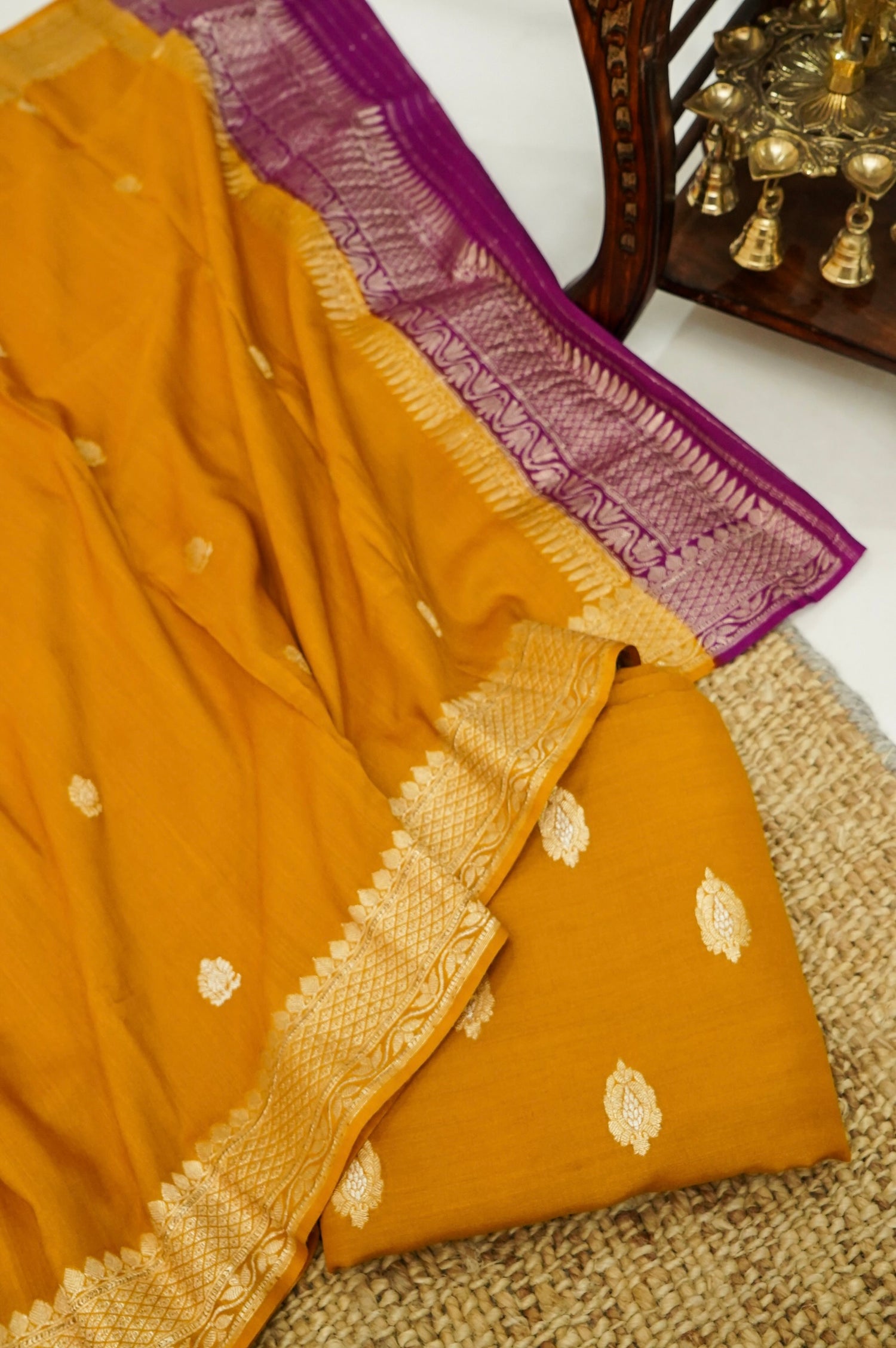 Mustard Handwoven Banarasi Pure Katan Silk Suit with Purple Dupatta