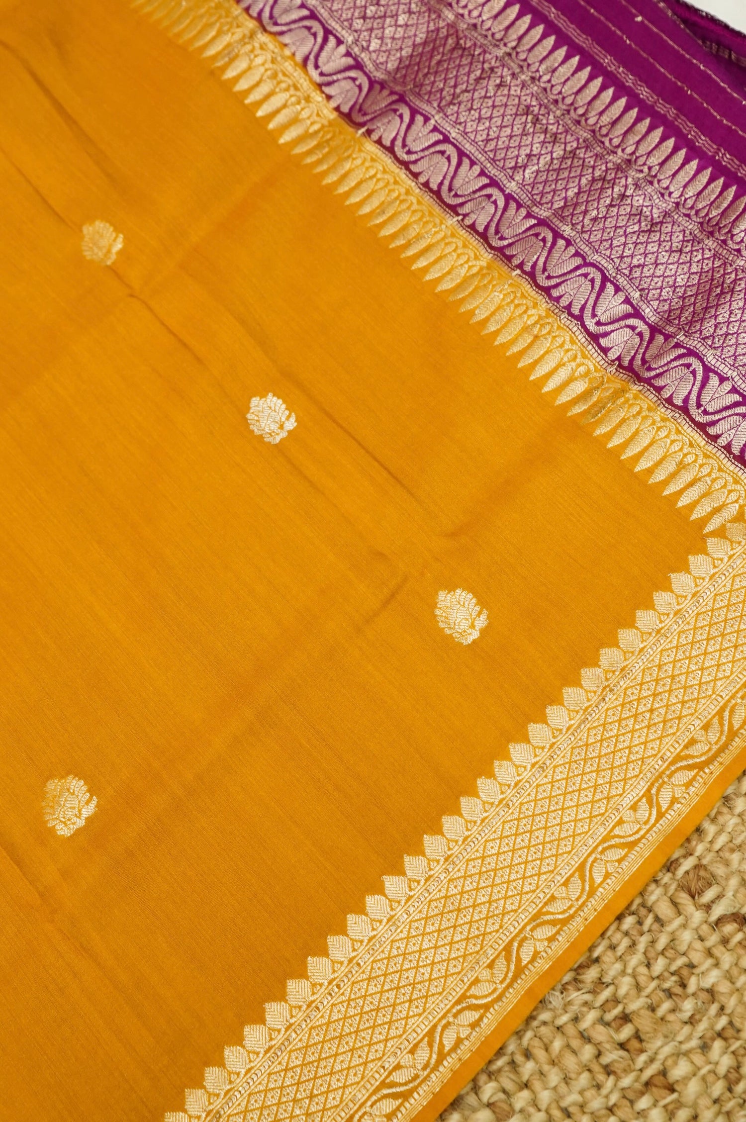 Mustard Handwoven Banarasi Pure Katan Silk Suit with Purple Dupatta