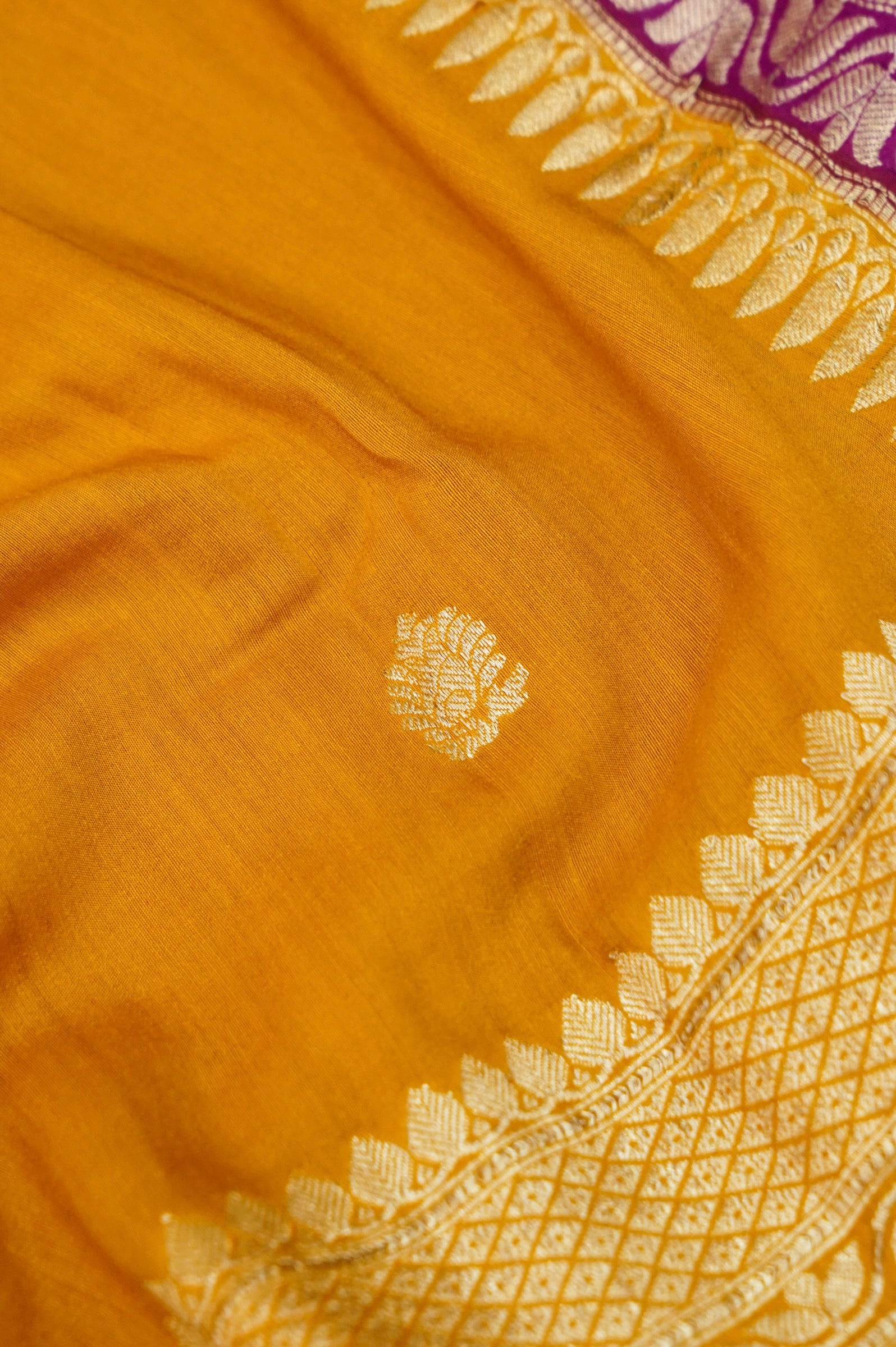 Mustard Handwoven Banarasi Pure Katan Silk Suit with Purple Dupatta