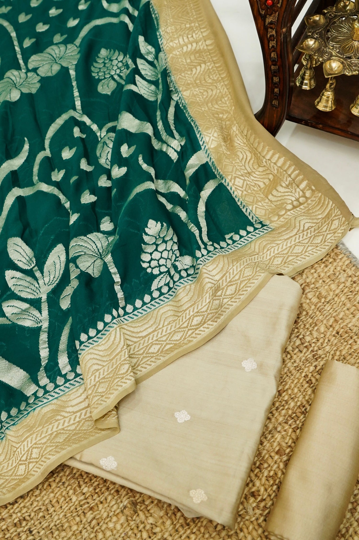 Beige Handwoven Banarasi Pure Katan Silk Suit with Bottle Green dupatta