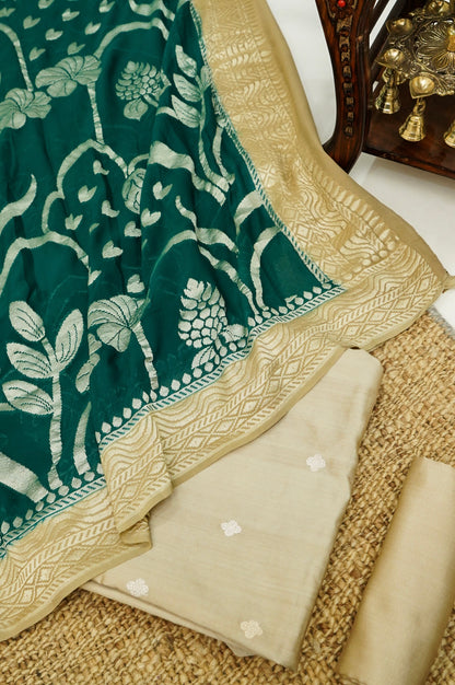 Beige Handwoven Banarasi Pure Katan Silk Suit with Bottle Green dupatta