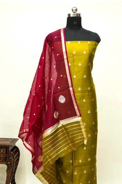 Mustard Yellow Handwoven Banarasi Pure Katan Silk Meenakari Suit with Rani Pink Dupatta