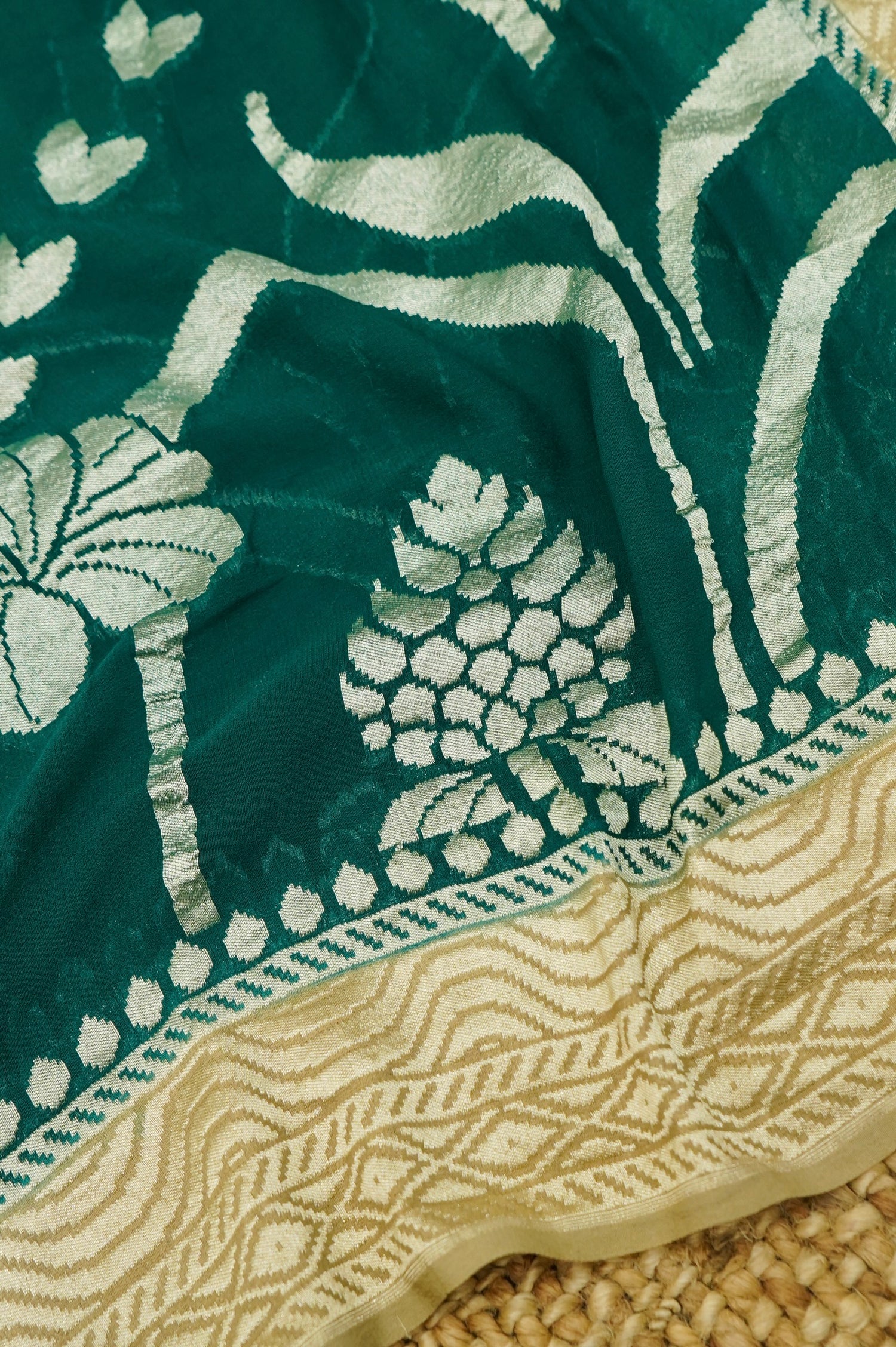 Beige Handwoven Banarasi Pure Katan Silk Suit with Bottle Green dupatta