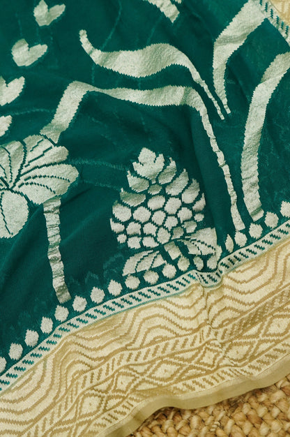 Beige Handwoven Banarasi Pure Katan Silk Suit with Bottle Green dupatta