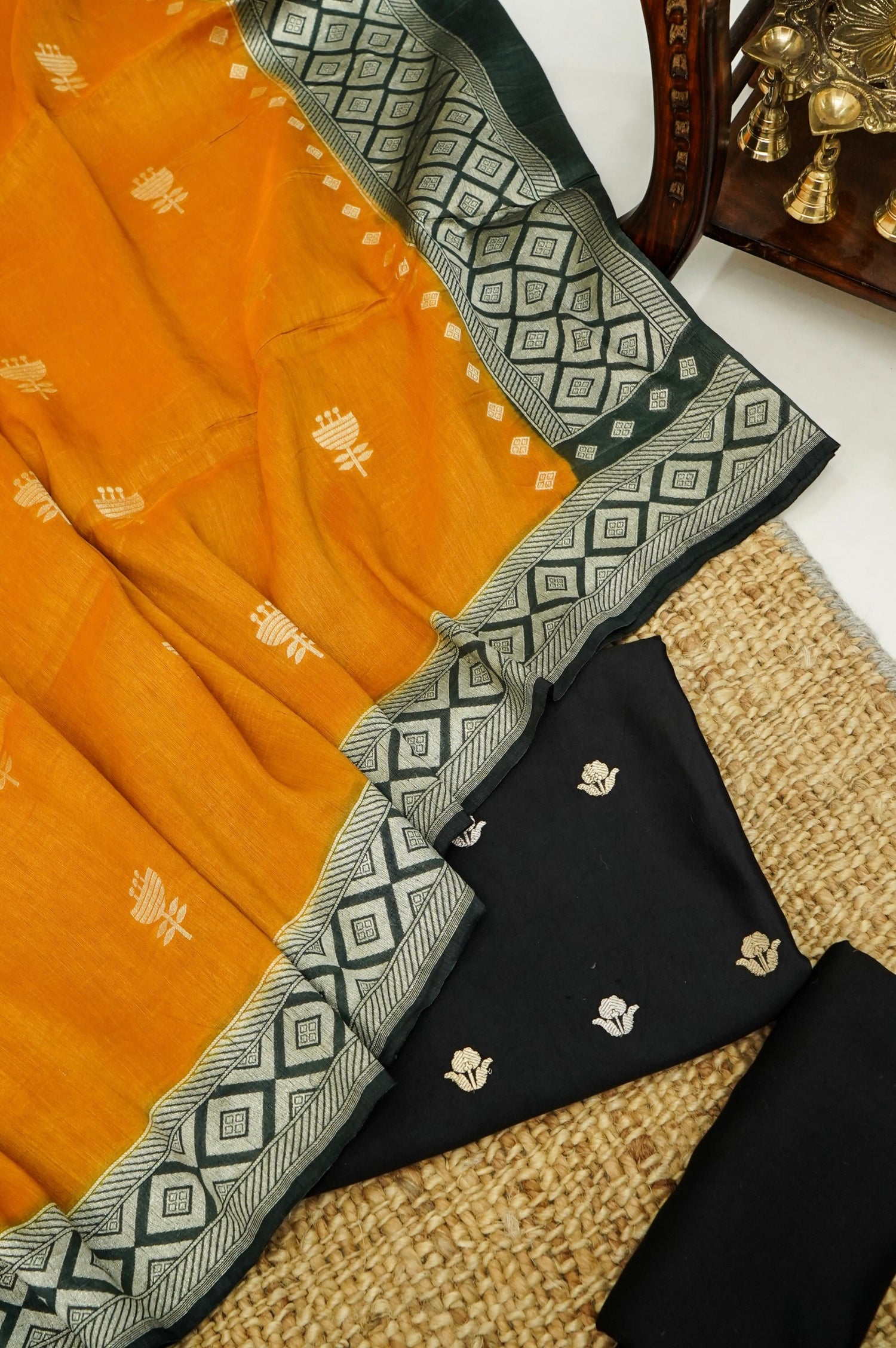 Black Handwoven Banarasi Pure Katan Silk Suit with Mustard dupatta