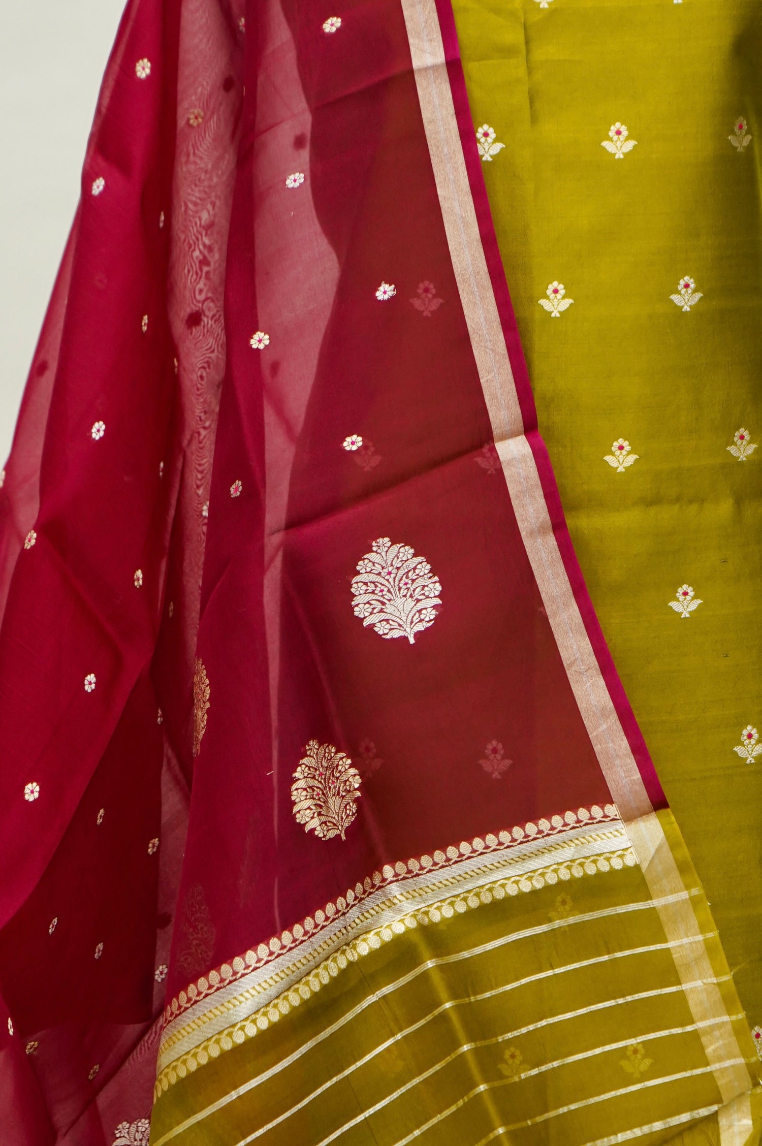 Mustard Yellow Handwoven Banarasi Pure Katan Silk Meenakari Suit with Rani Pink Dupatta