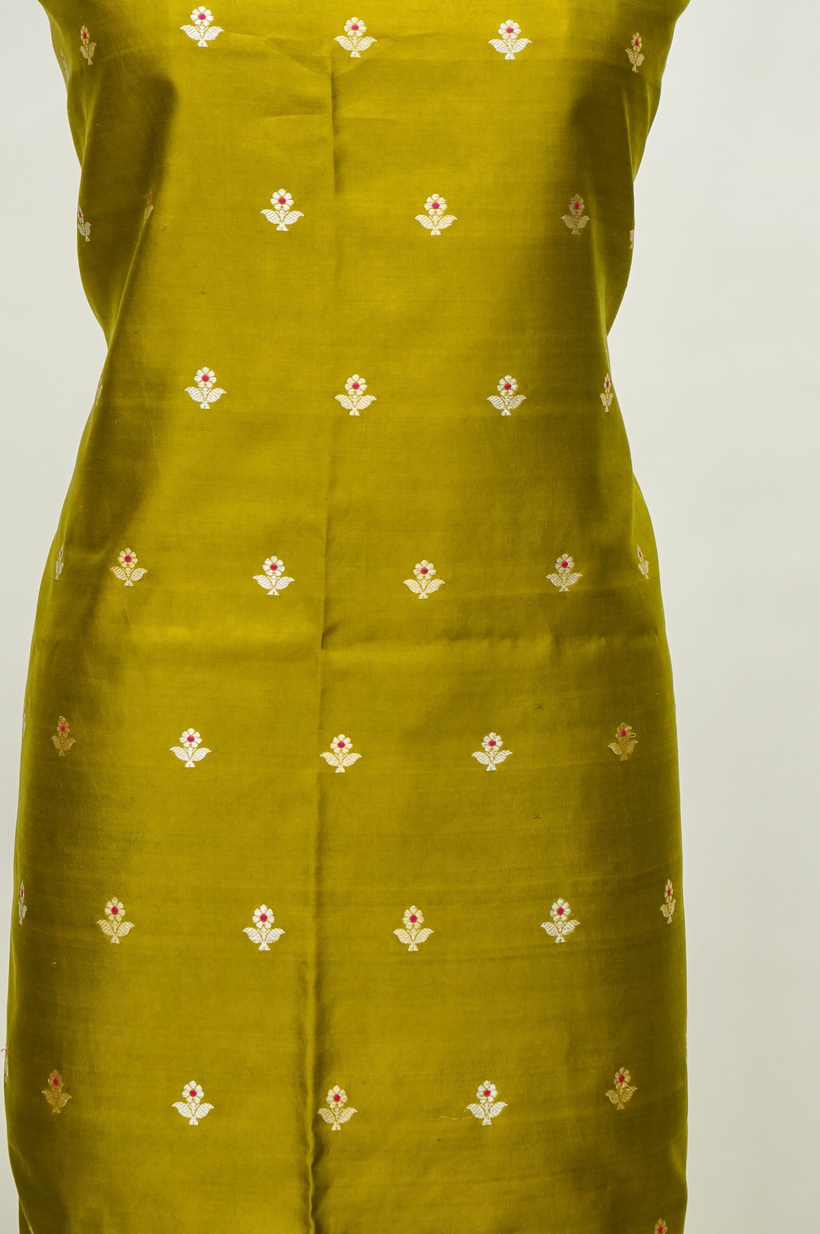 Mustard Yellow Handwoven Banarasi Pure Katan Silk Meenakari Suit with Rani Pink Dupatta